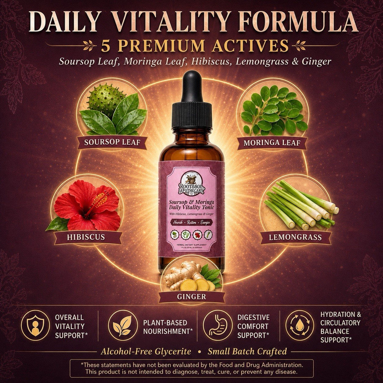 Root & Soil Apothecary Soursop Moringa Hibiscus Ginger Lemongrass Tonic 1 fl oz