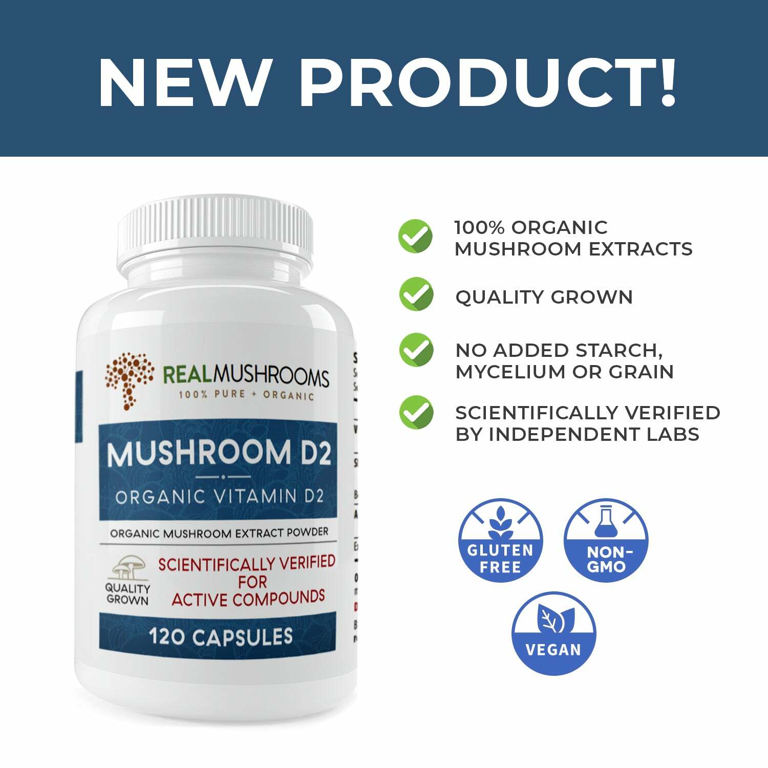 Real Mushrooms Organic Vitamin D Vegan Active Compounds Pure Vegan 120 caps NEW