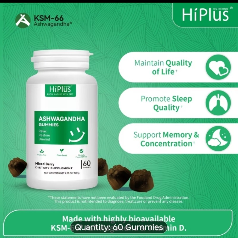 Hiplus Ashwaganda Ksm-66 Gummy 1 Bottle Mixed Berry For Sleep 💤 and Stres