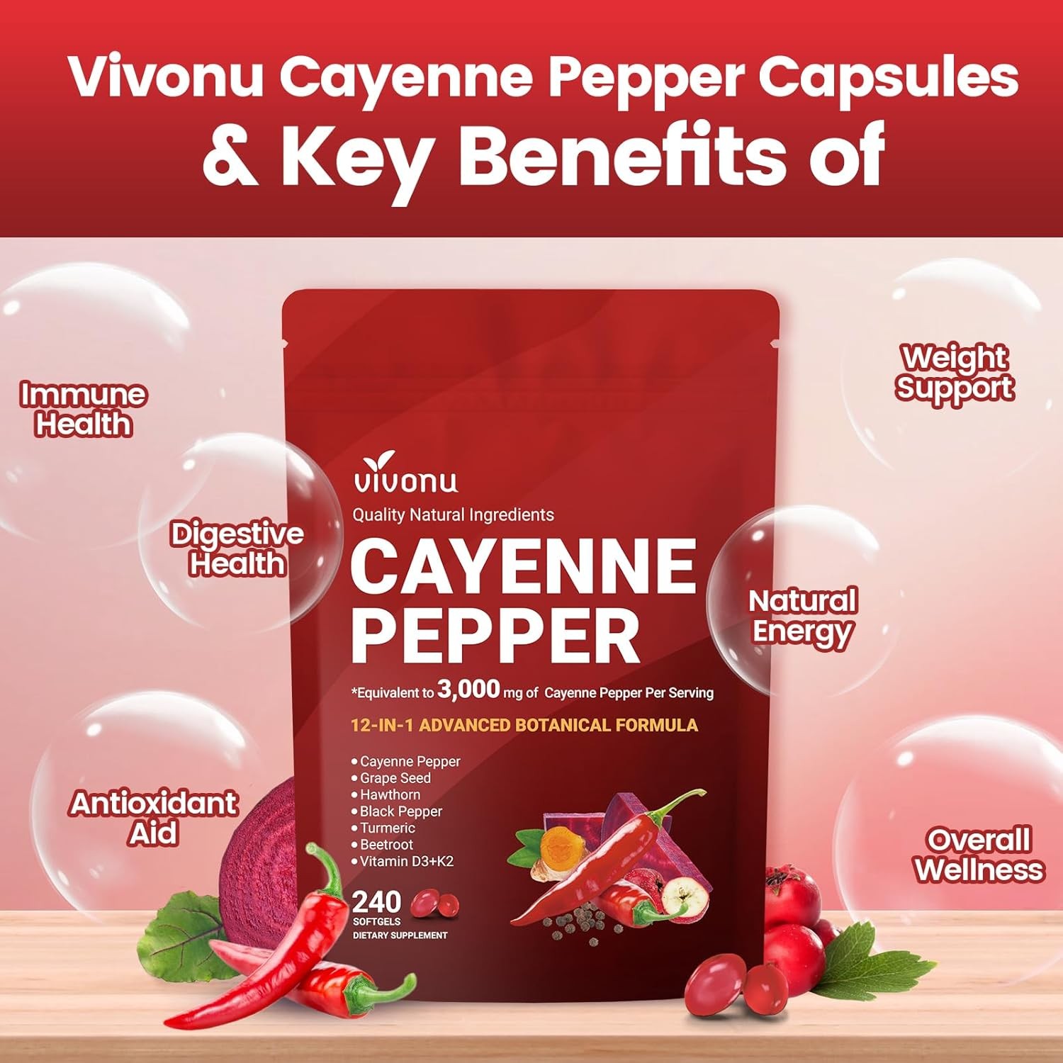 VivoNu Cayenne Pepper Softgels Supplement, Heart and Blood Vessel Health