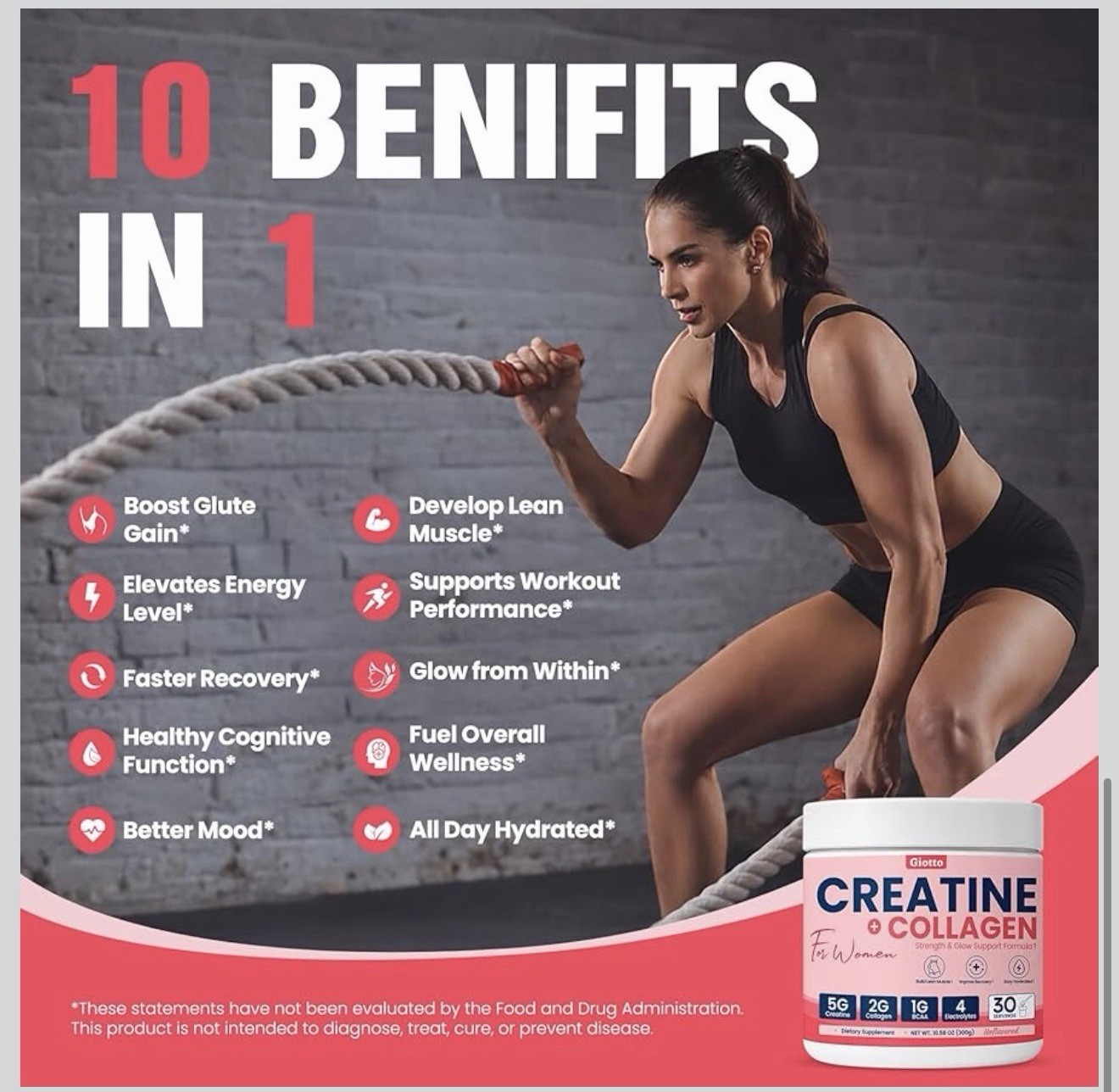 Giotto Creatine + Collagen w/ BCAA Biotin Women Unflavored 30 Serv