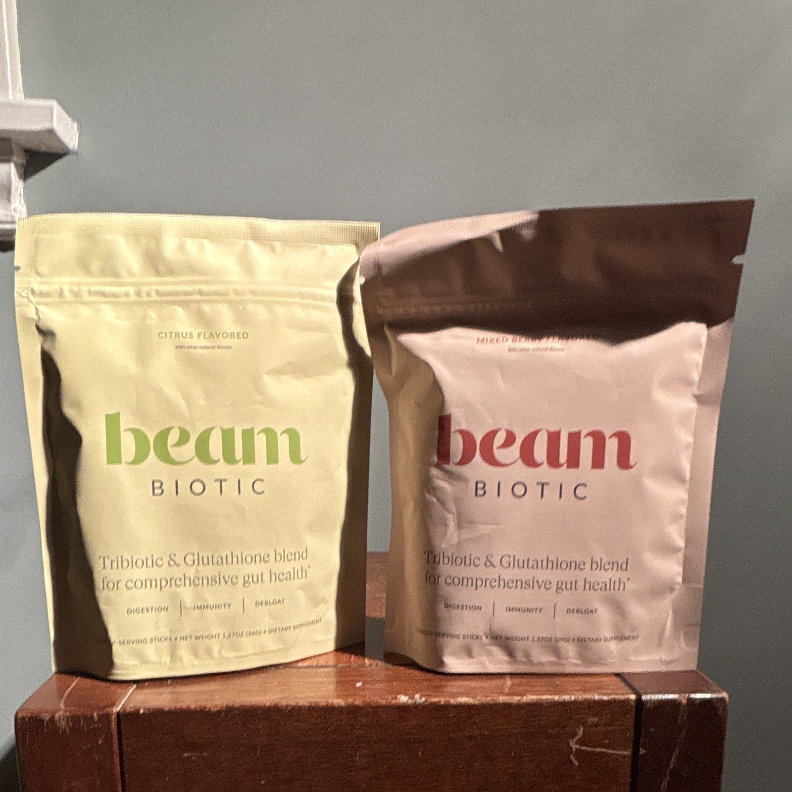 Beam Biotic Tribiotic + Glutathione Powder, Citrus & Mixed Berry Flavors, 2 Pack