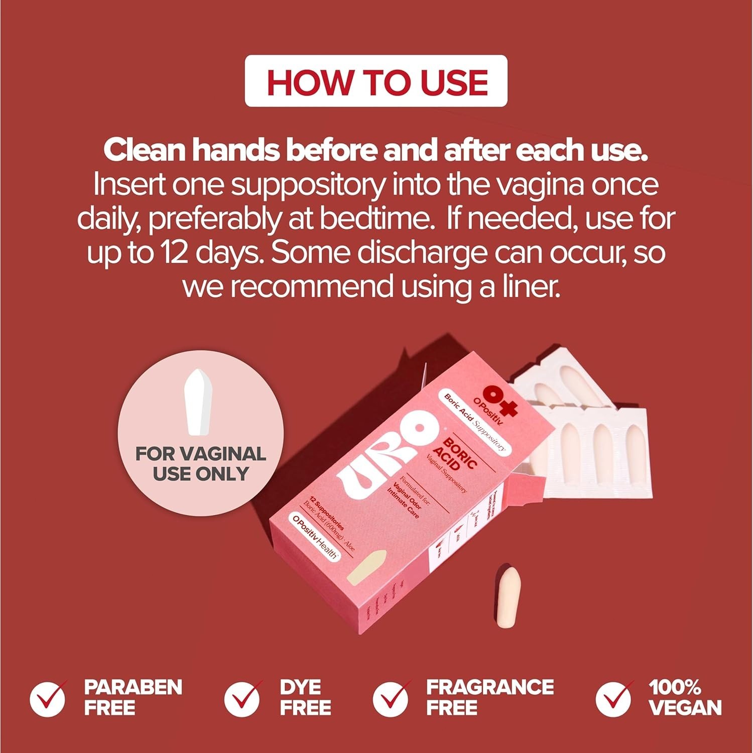 URO – Boric Acid Vaginal Support Acid & Aloe For Vaginal Odor, 12 Ct