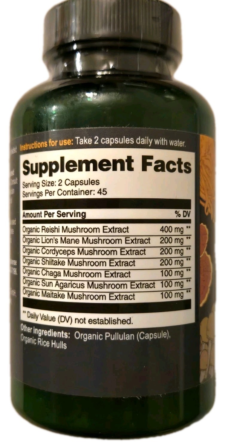 Organic 7 Mushroom Extracts Complex 90 Vegan Capsules Supplement