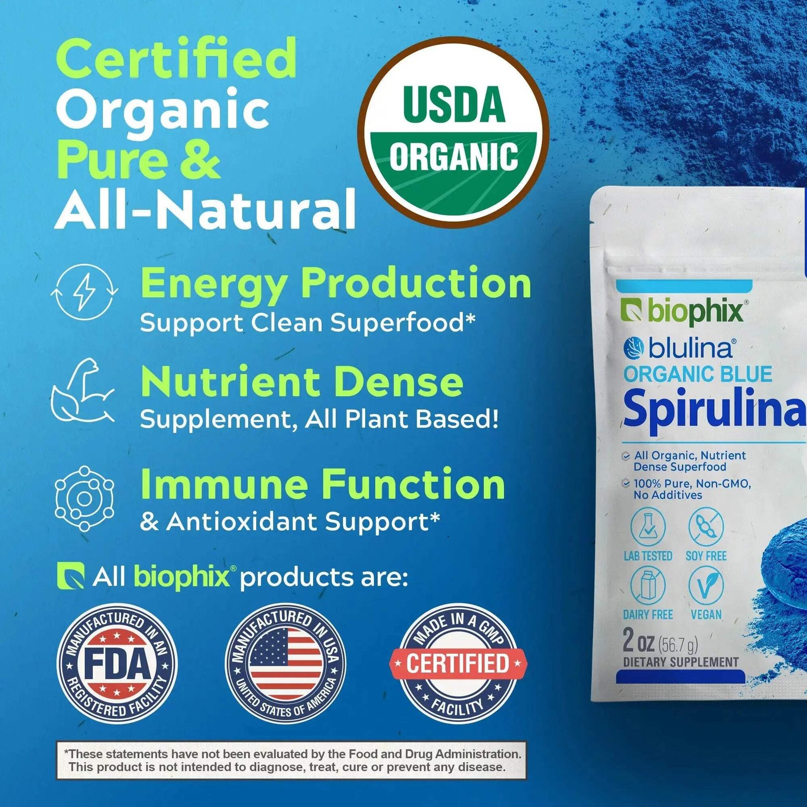 biophix Blulina Organic Blue Spirulina Powder 2 oz 7g – Detoxification Antioxida