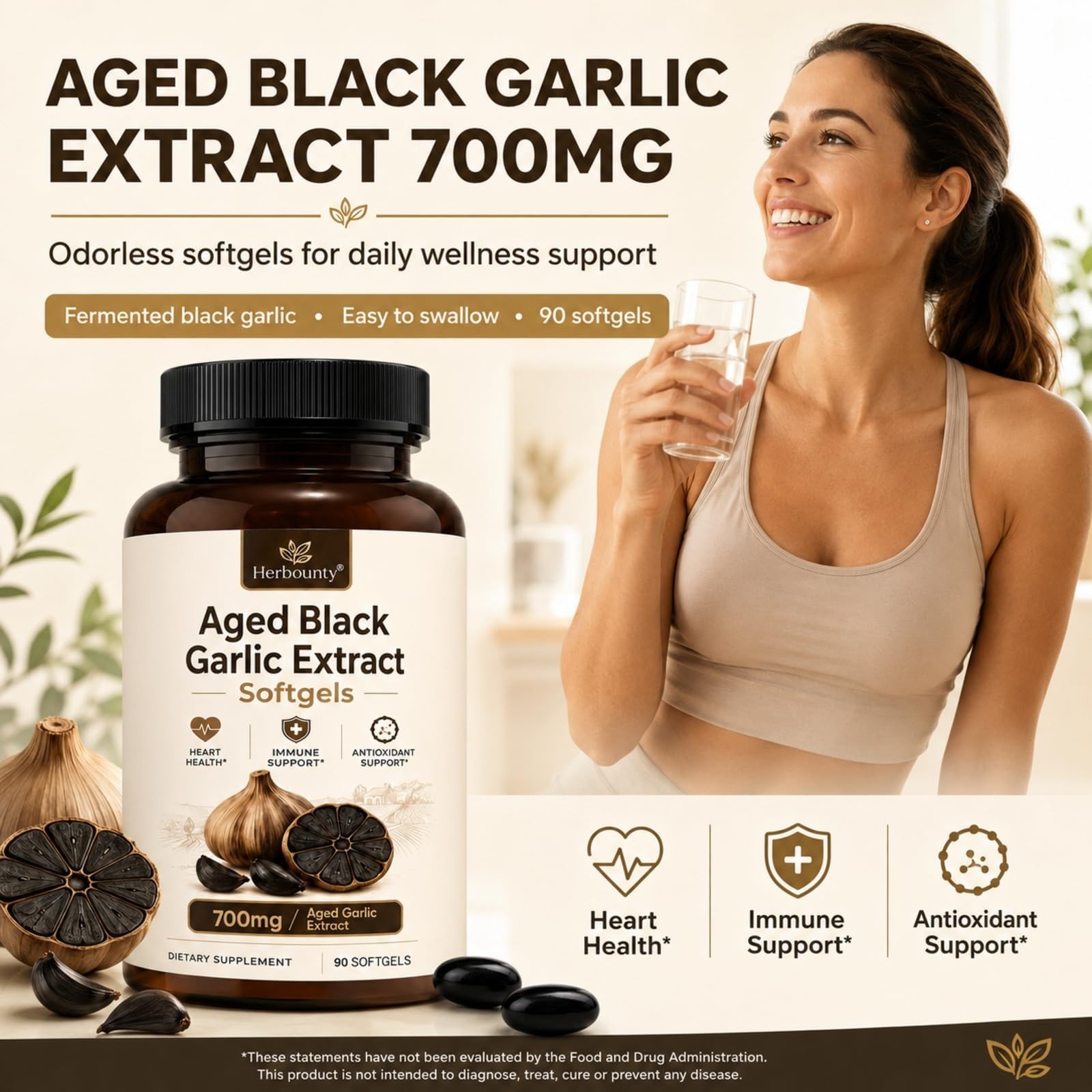 Herbounty Odorless Fermented Black Garlic Extract 700mg 90 Softgels