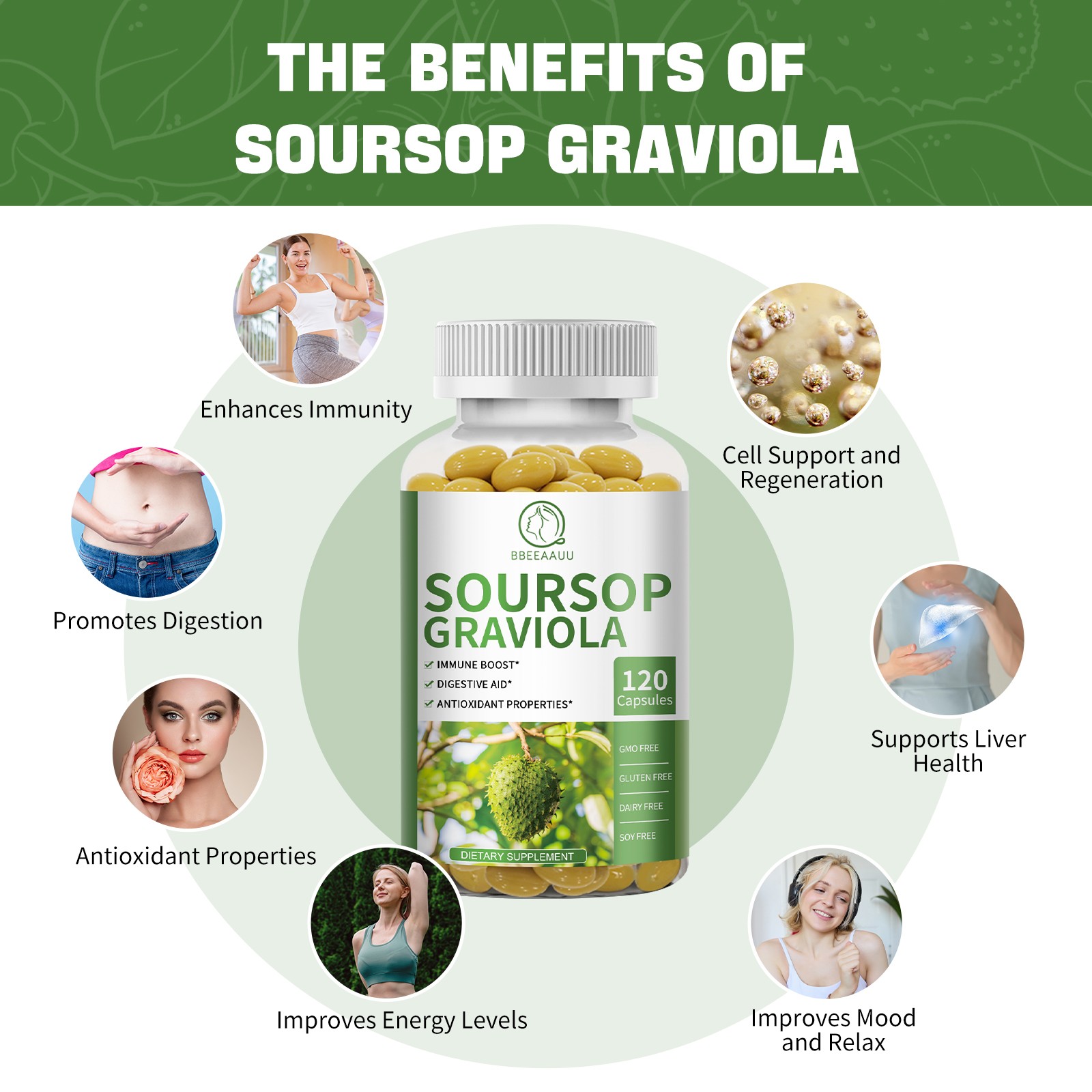 Soursop Graviola Capsules 1000mg | 120 Caps | Immune Support & Cell Regeneration