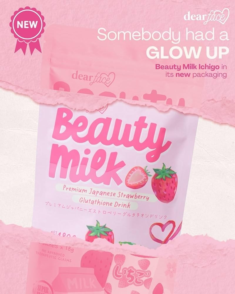 New Dear Face Beauty Milk Japanese Collagen STRAWBERRY Drink, 10 Sachets X 18g