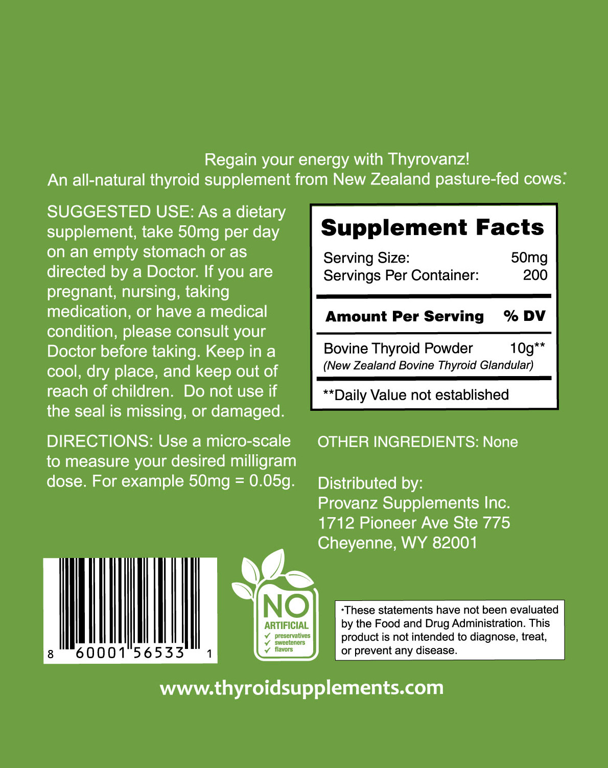Thyrovanz Pure Natural Bovine Thyroid Powder Thyroid Support Supplement 10 Grams