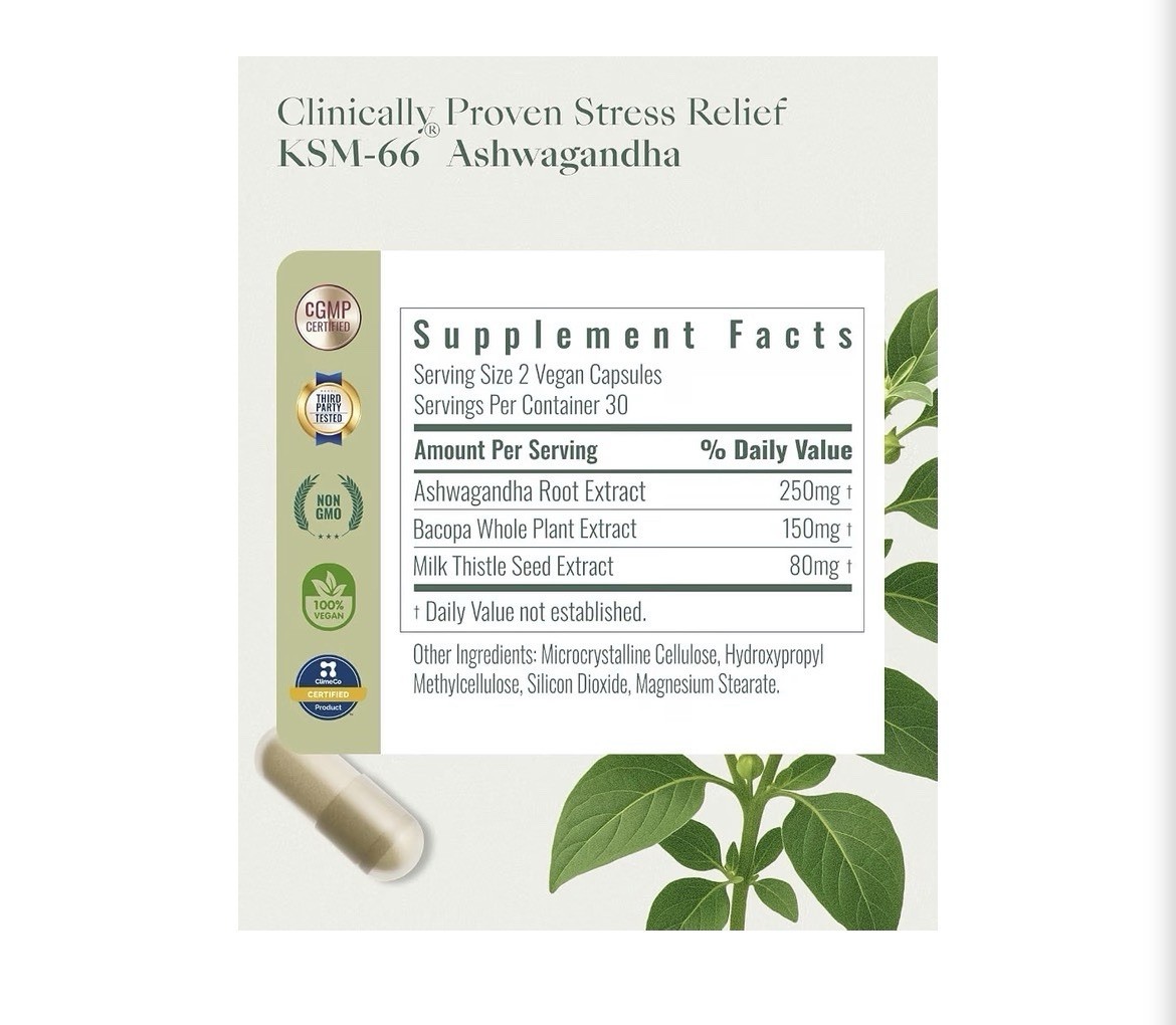 KSM-66 Ashwagandha Bacopa Milk Thistle 60ct Vegan Capsules Herbal Supplement