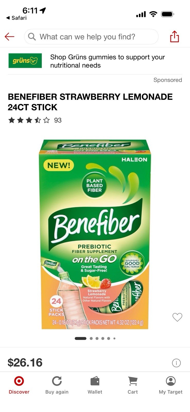 Benefiber Prebiotic Fiber Supplement Strawberry Lemonade Sugar-Free 24ct Stick