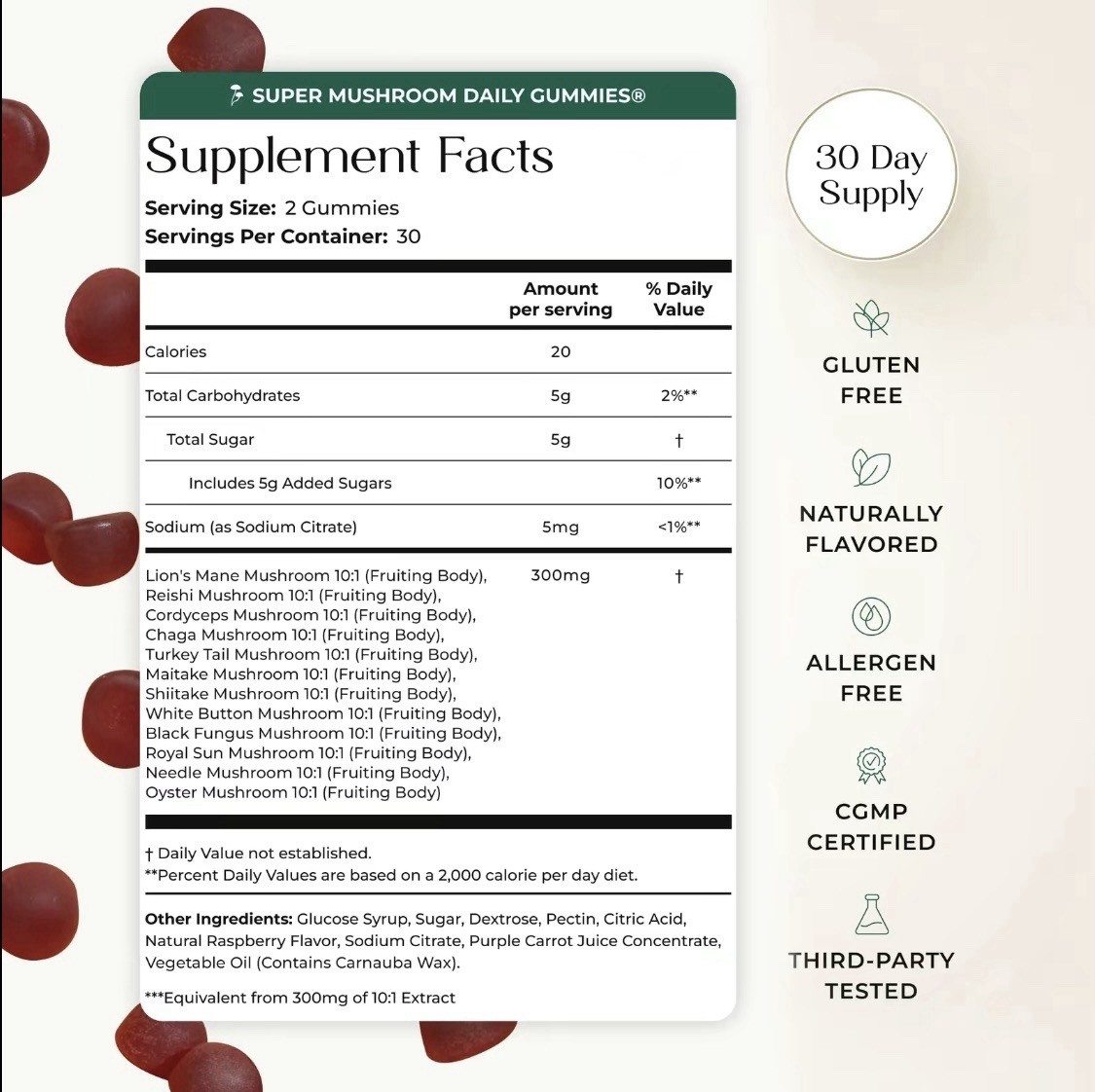 Auri Super Mushroom Daily Gummies Immune Energy Mood Support Wild Raspberry 60