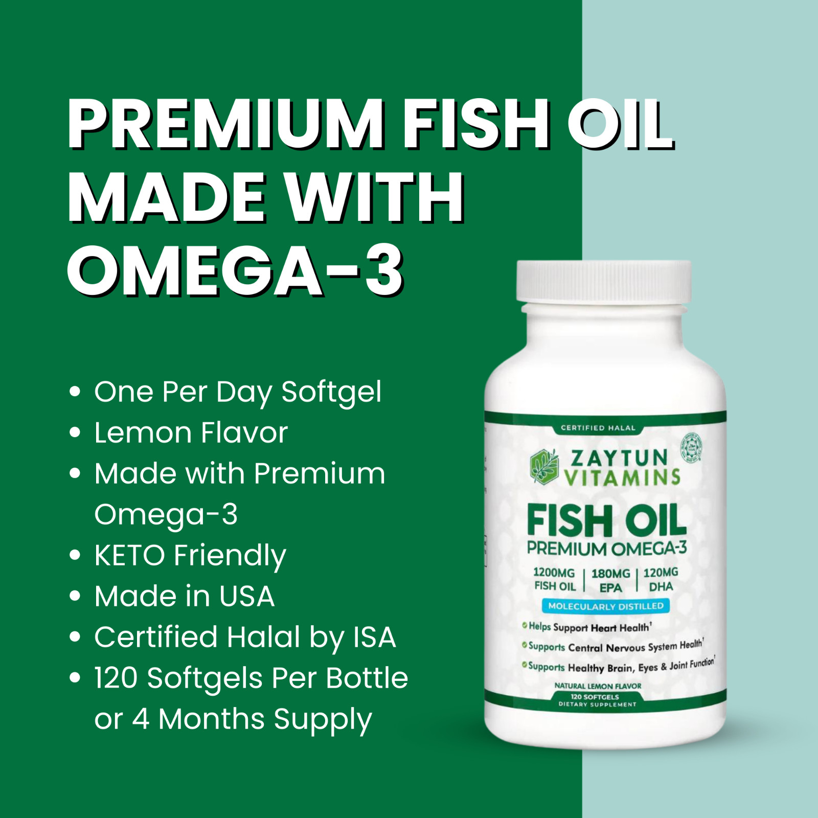 Zaytun Vitamins Halal Fish Oil 1200mg Omega-3 300mg Halal Gelatin EPA/DHA 120 Ct