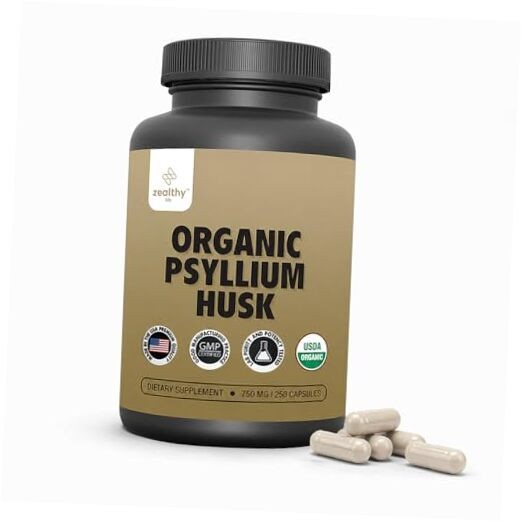 Organic Psyllium Husk Capsules 750 mg, Natural Fiber Supplement for Gut