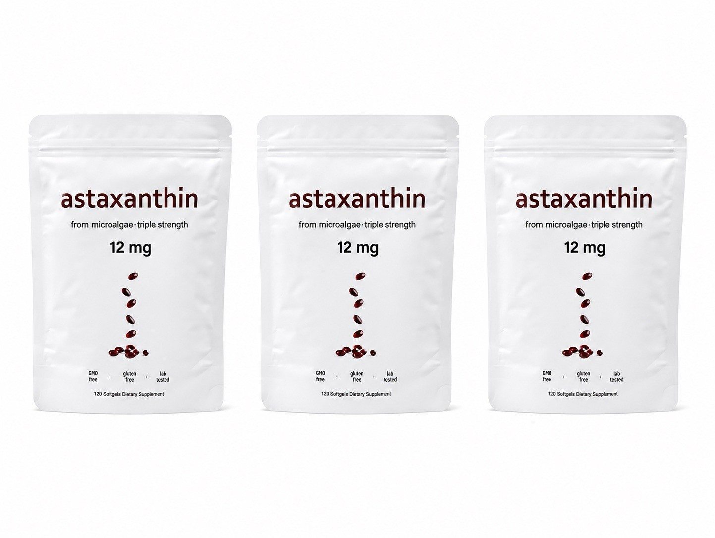 3 pcks Astaxanthin 12mg Antioxidant Softgels 120 ct GMO/Gluten/Soy Free