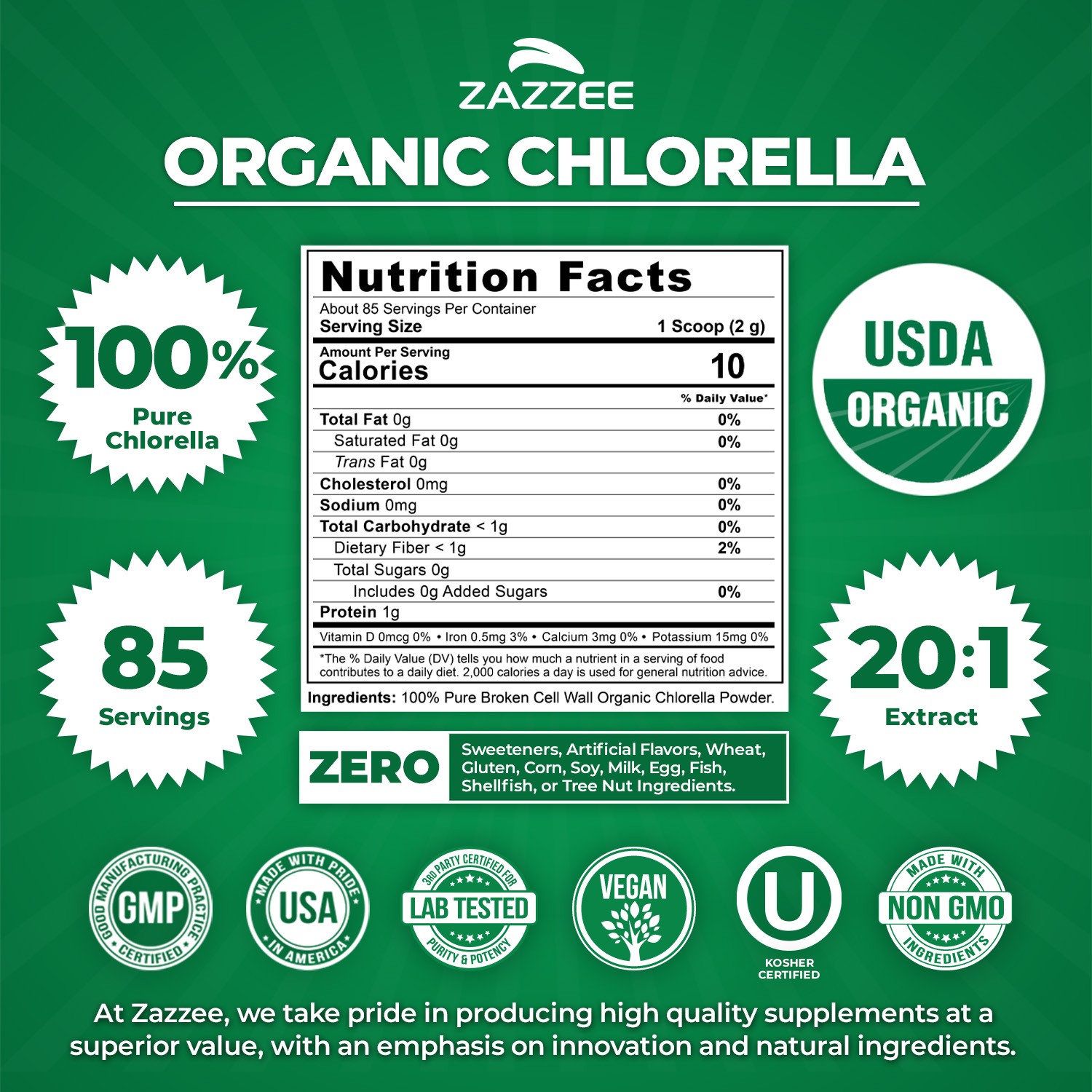 USDA Organic Chlorella Powder, Broken Cell Wall, 6 oz, 85 Servings, Free Scoop