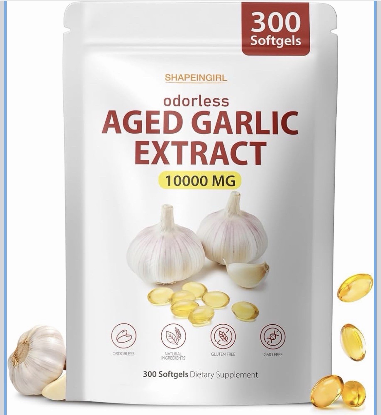 SHAPEINGIRL Odorless Aged Garlic Extract 10000mg 300 Softgels Gluten-Free