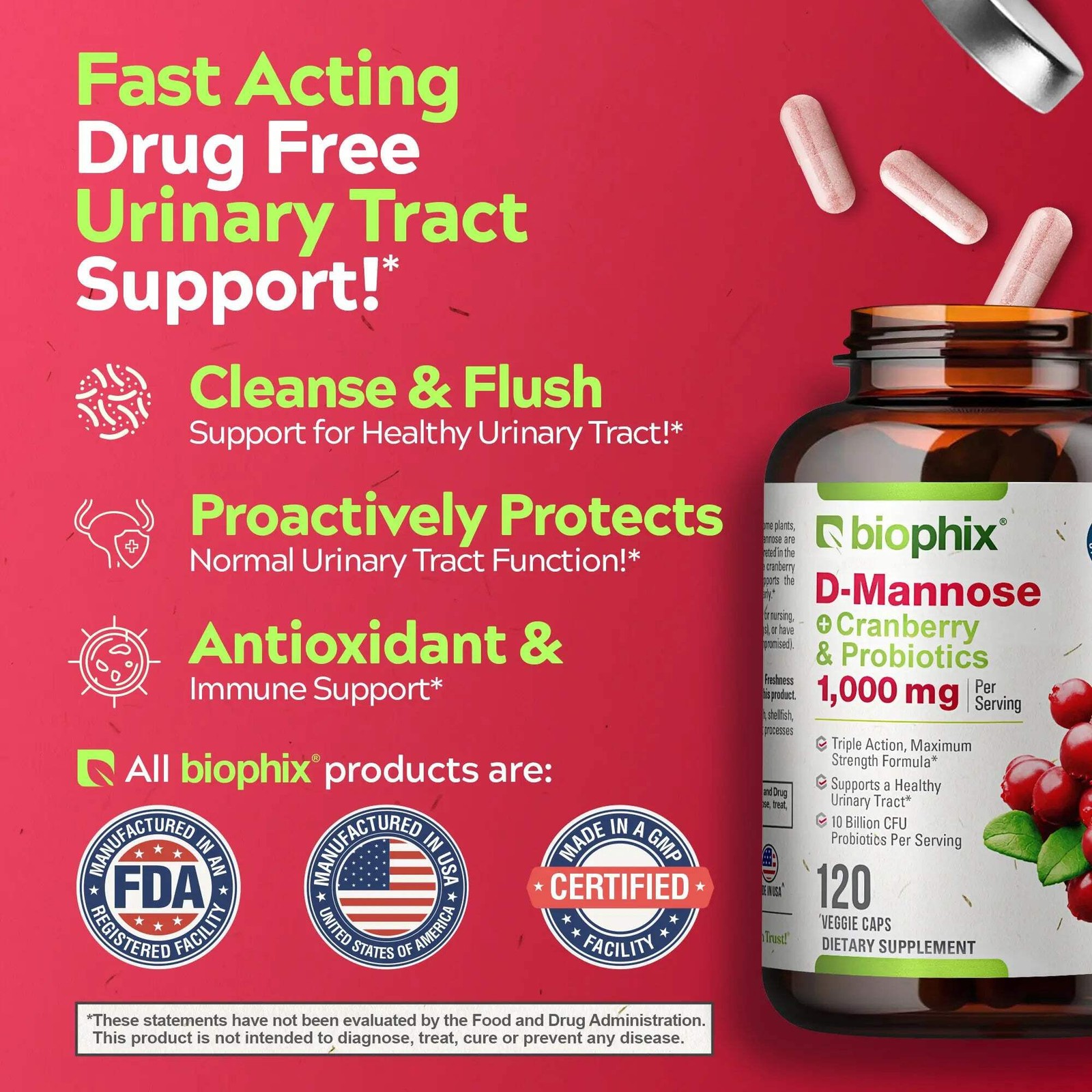 Biophix D-Mannose Plus Cranberry and Probiotics 1000 mg 120 Vegetarian Capsules