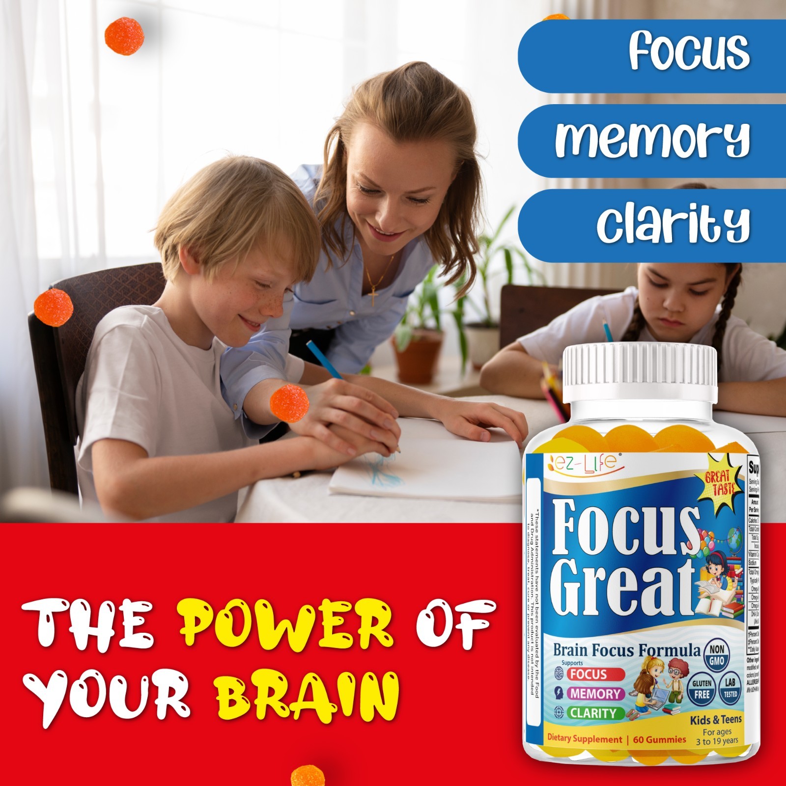 Focus Great Children DHA Gummies – Omega 3 for Kids-Focus Gummies for Teens-60