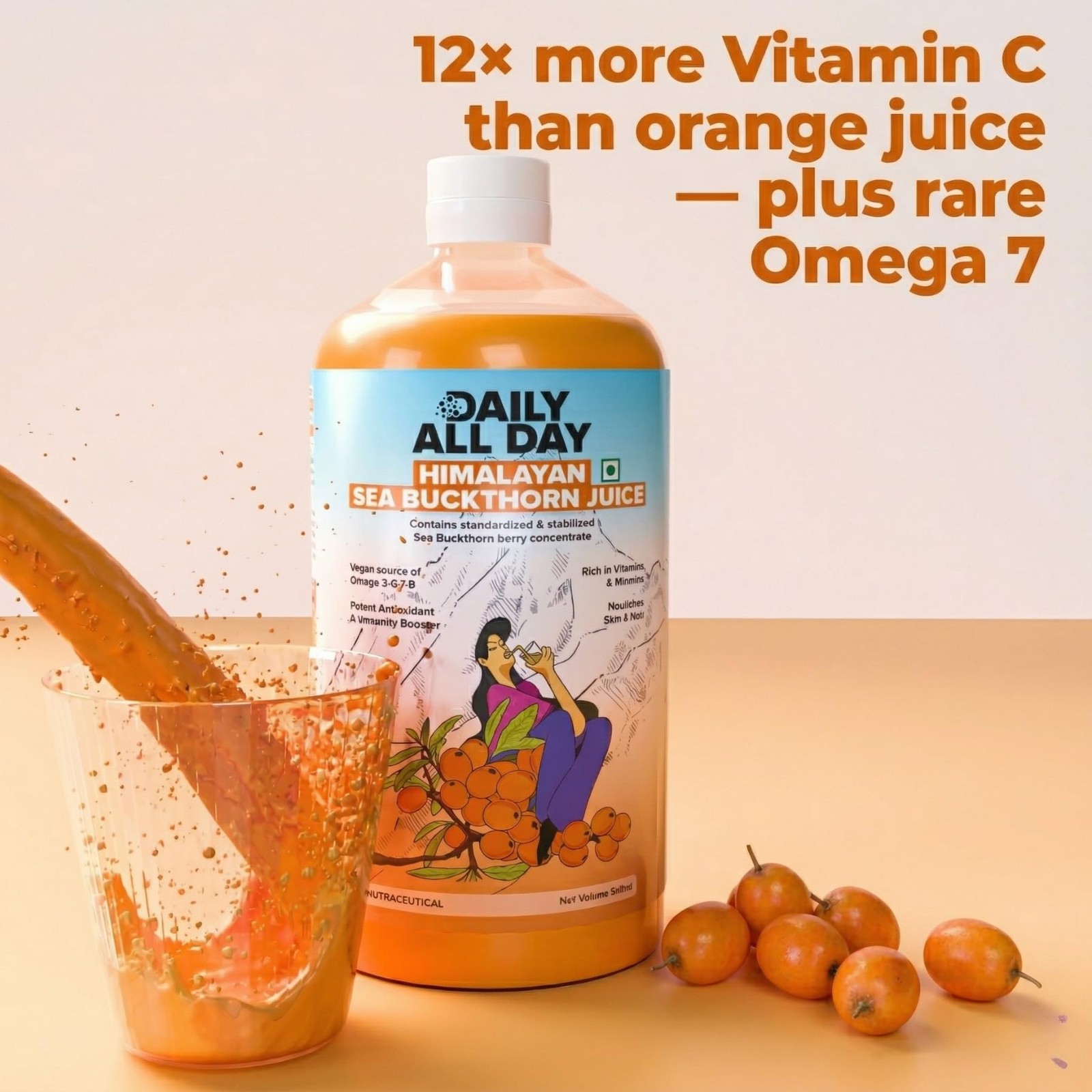 Daily All Day Himalayan Sea Buckthorn Juice Berry Pulp Omega 7 16.9 Fl Oz 500