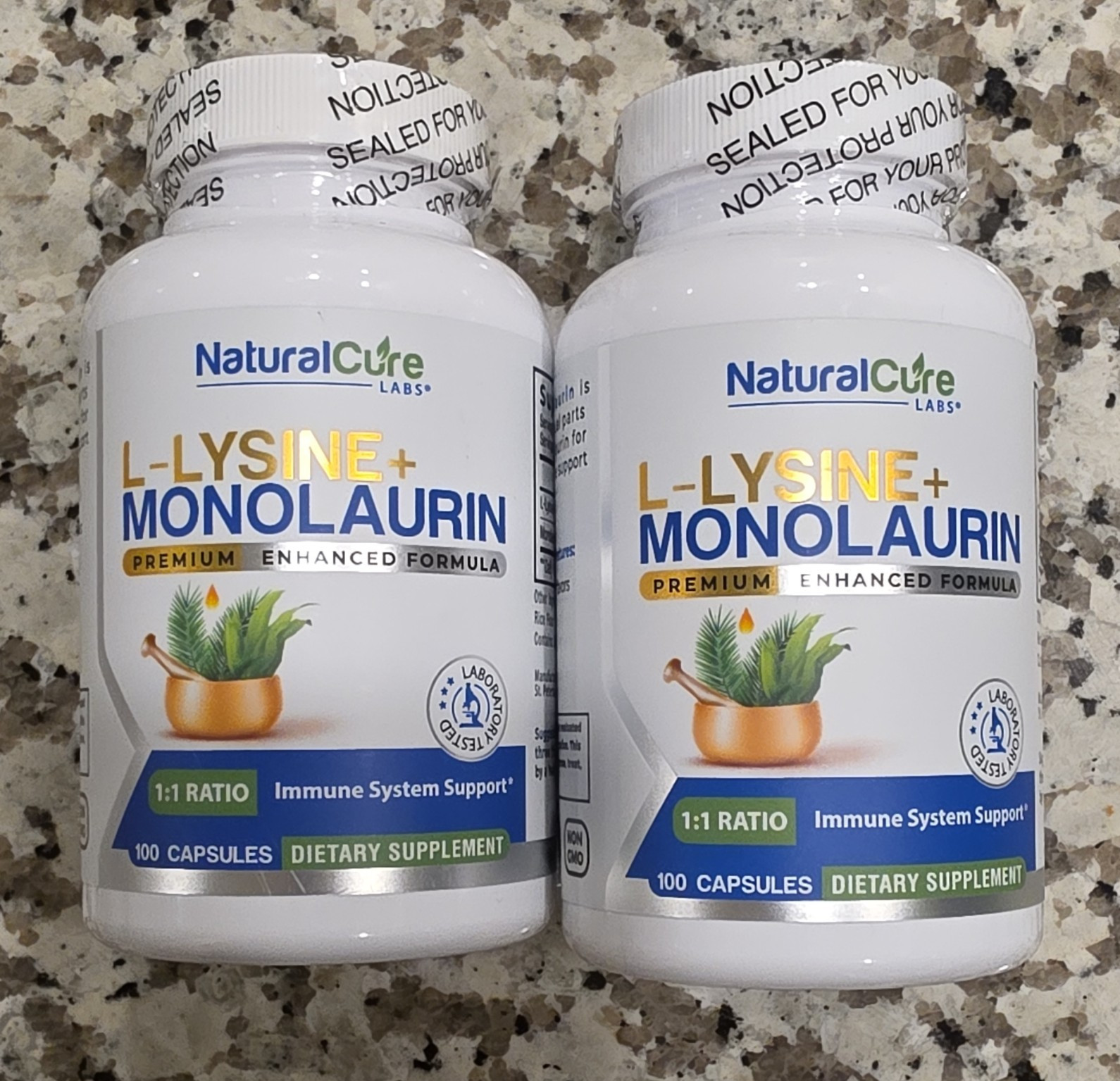 Natural Cure Labs L-Lysine HCl + Monolaurin 600mg 100 Caps- 2 Bottles