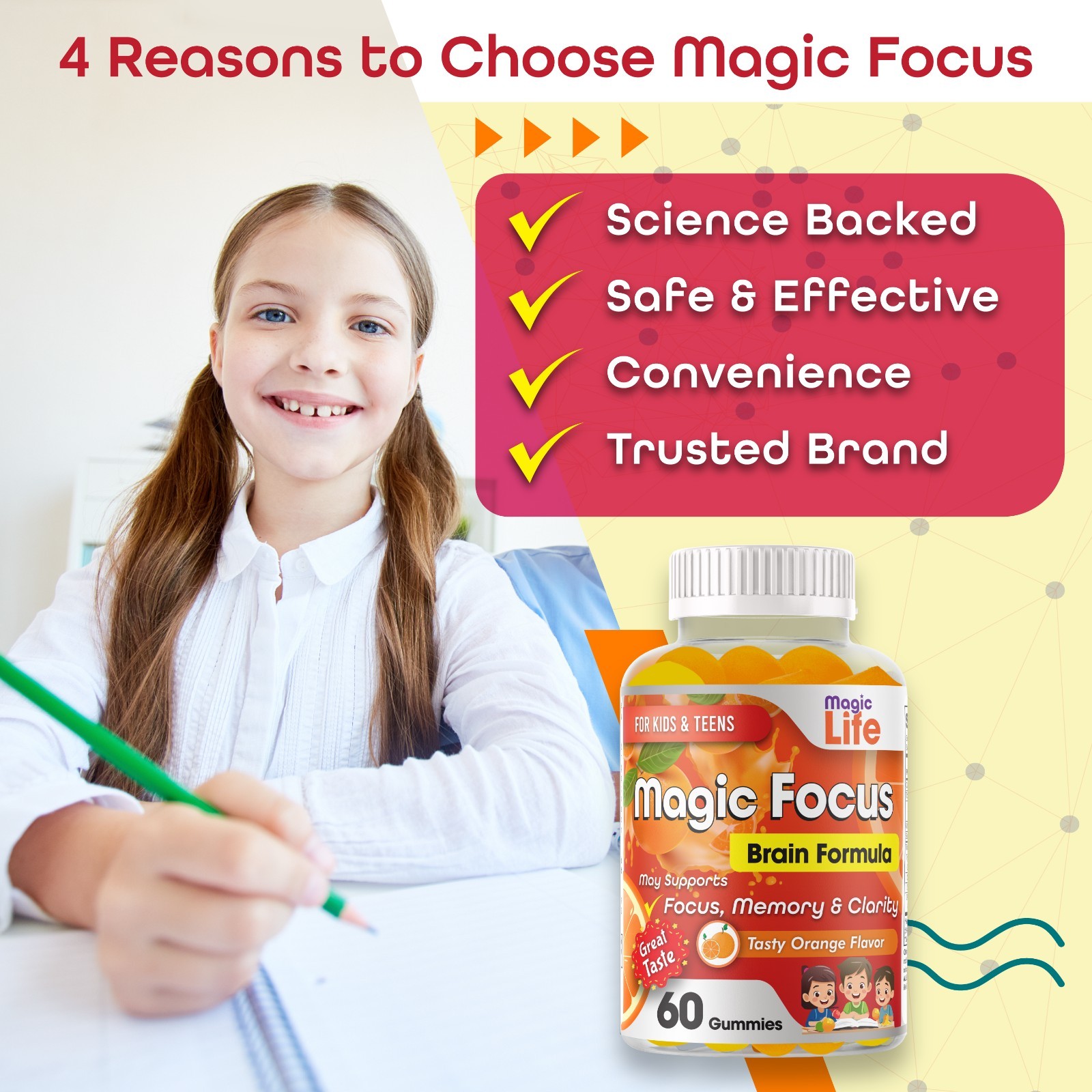 Kids Focus Gummies Brain Memory & Attention Support Vitamins for Kids & Teens