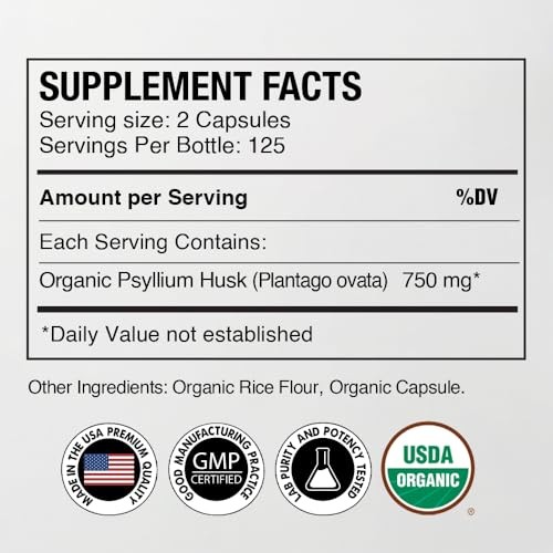 Organic Psyllium Husk Capsules 750 mg, Natural Fiber Supplement for Gut