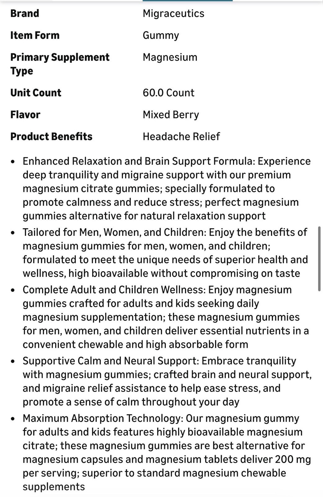 Migraceutics Magnesium Citrate Gummies 200mg Mixed Berry Gluten-Free 60ct