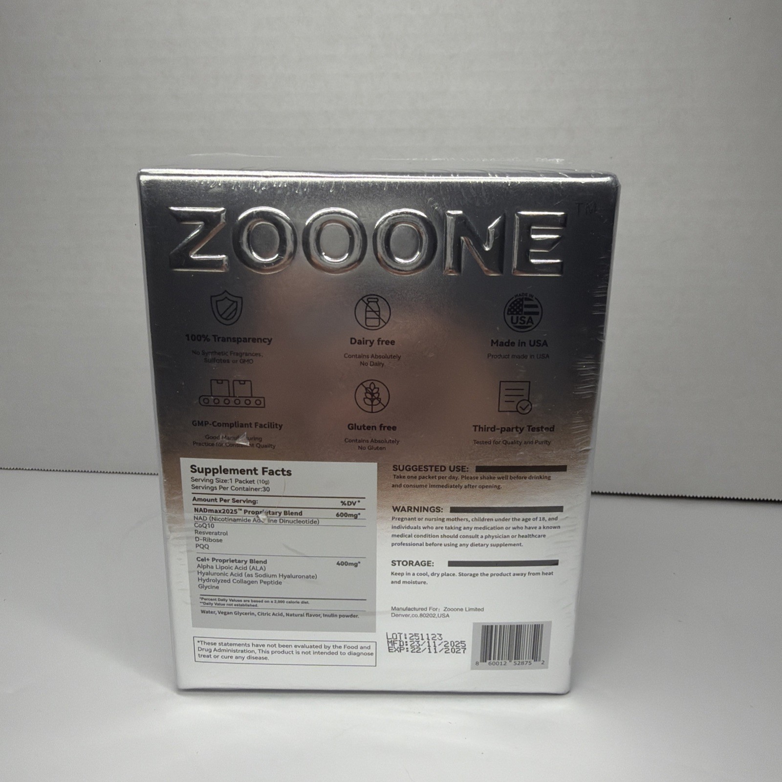 ZOOONE NAD+ Drink Mix for Skin Aging Support, 1000mg 30 Pack, Exp: 11/22/27 NEW