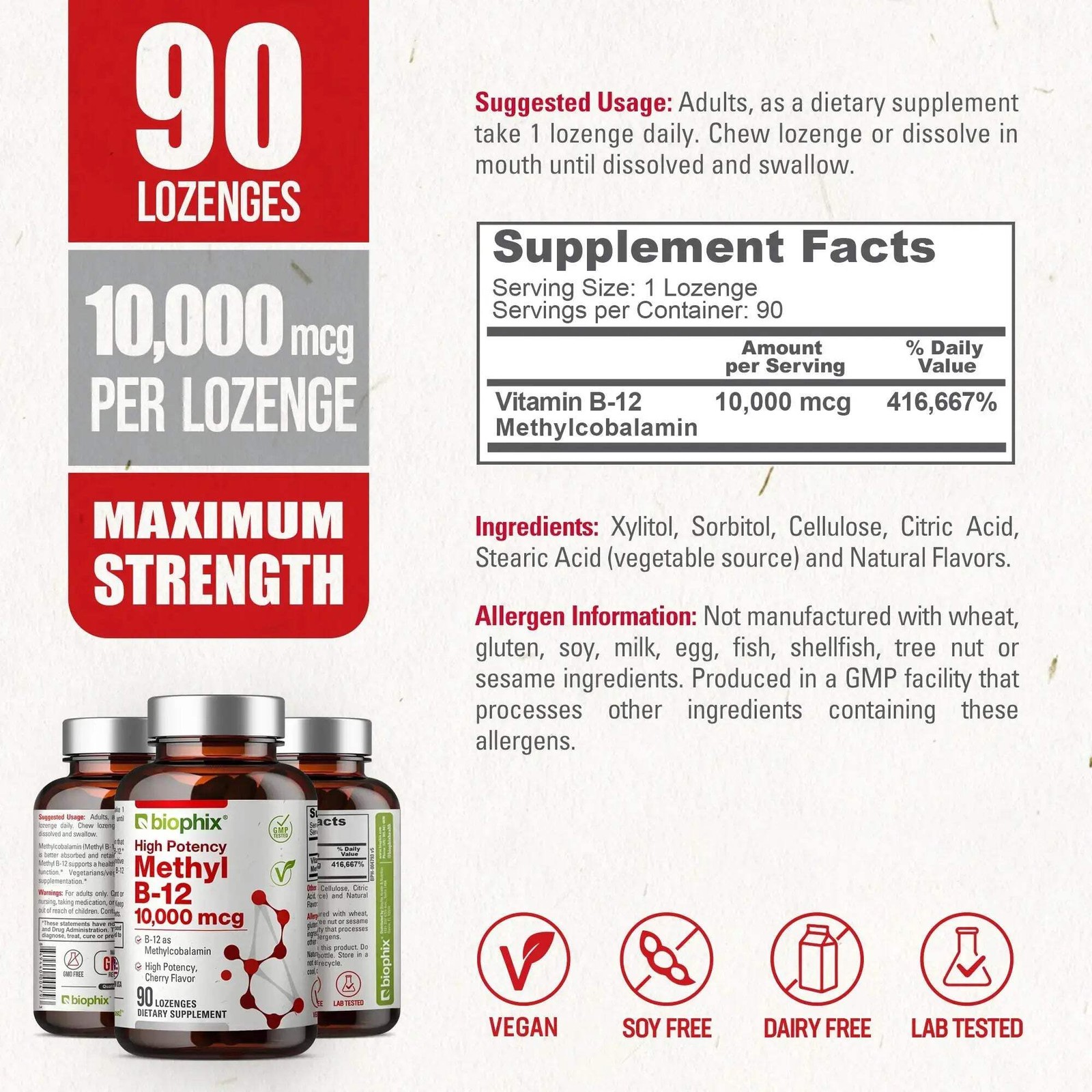 Biophix Methyl B-12 Cherry Flavor 10000 mcg 90 Vegan Lozenges