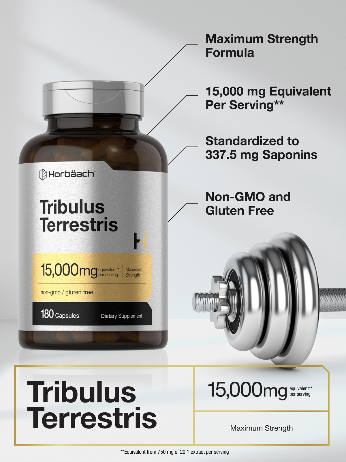 Tribulus Terrestris for Men 15,000mg | 180 Capsules | Gluten Free | by Horbaach