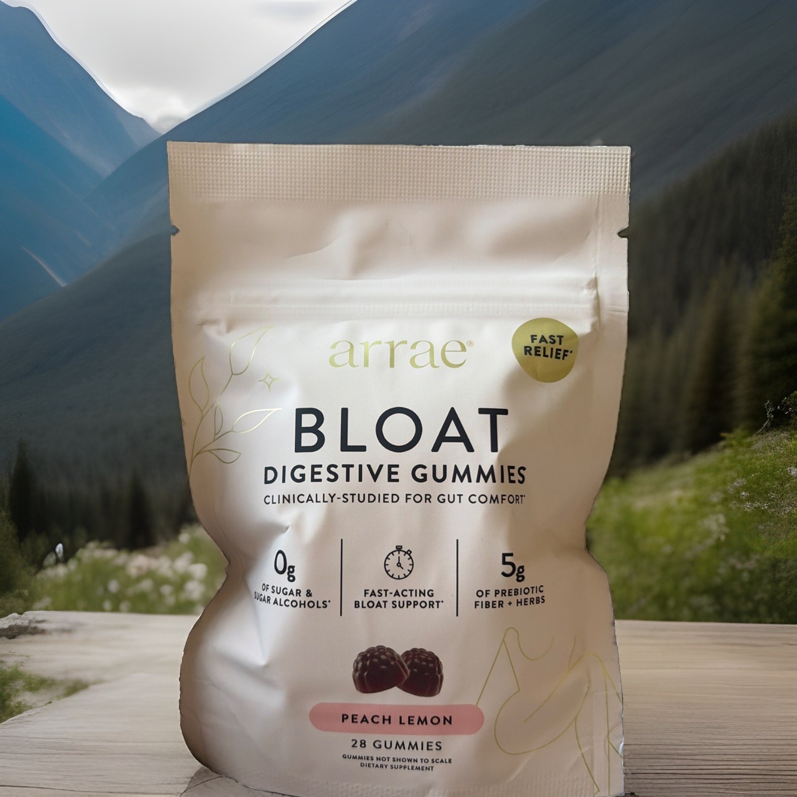 Arrae Bloat Digestive Support Gas Relief Gummies Peach Lemon Vegan 28 Ct