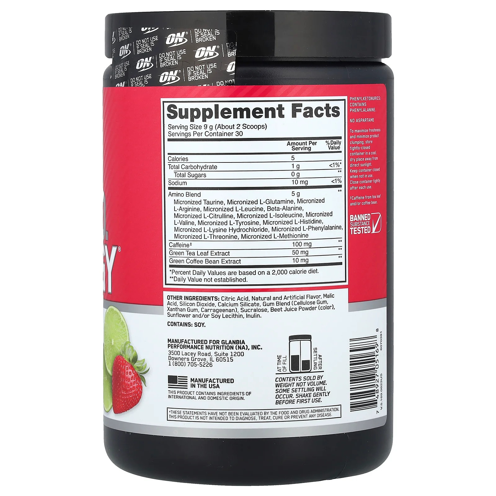 2 X Optimum Nutrition, Essential Amin.O. Energy�, Strawberry Lime, 9.5 oz (270