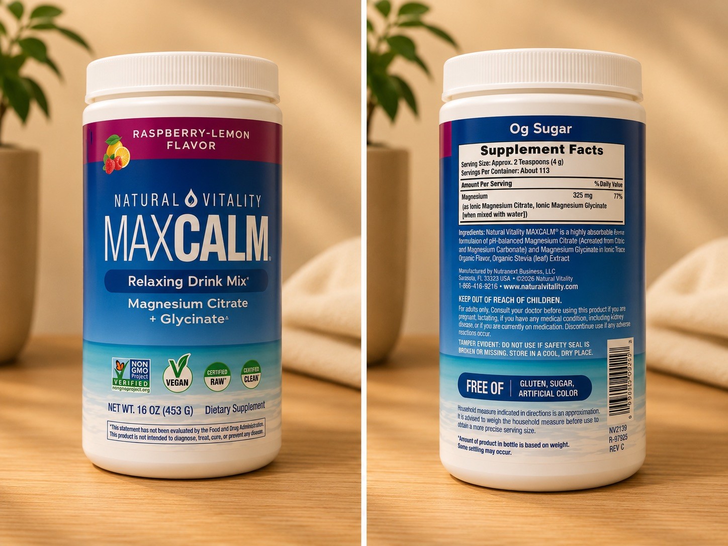 Natural Vitality MaxCalm Magnesium Citrate Glycinate Vegan Raspberry-Lemon 16oz