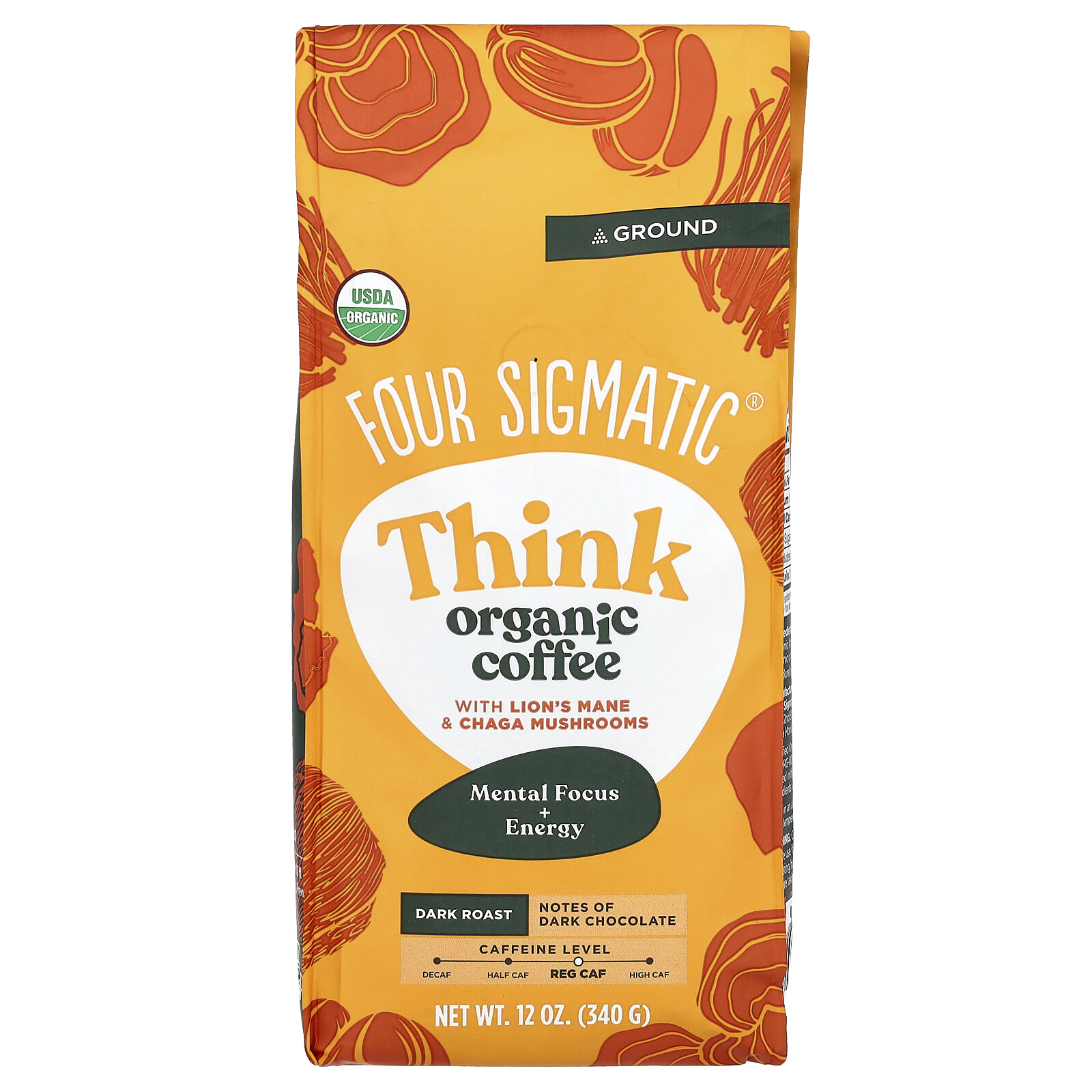 Think, Organic Coffee with Lion’s Mane & Chaga Mushrooms, Ground, Dark Roast, 12