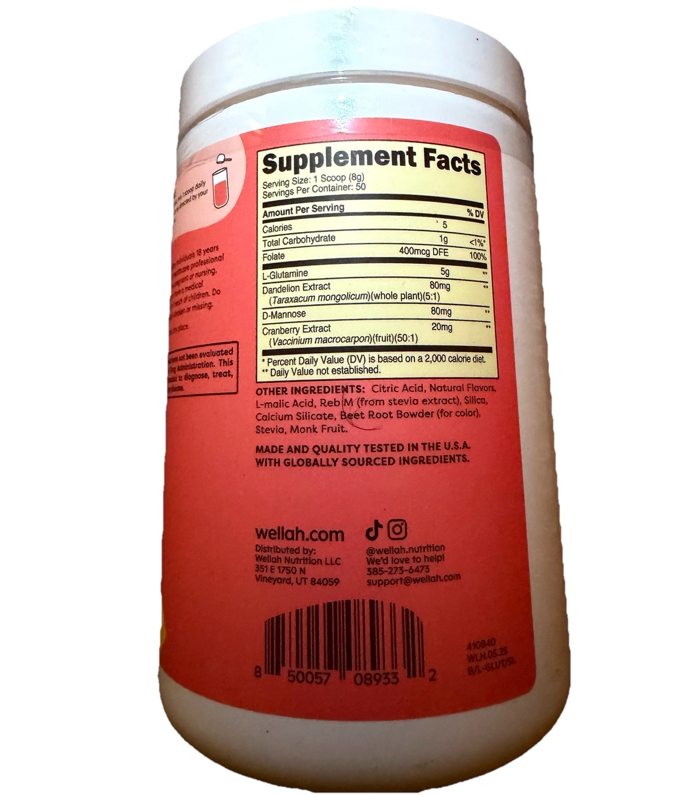 Wellah L-Glutamine Folate D-Mannose Powder Strawberry Lemonade 14.5 oz