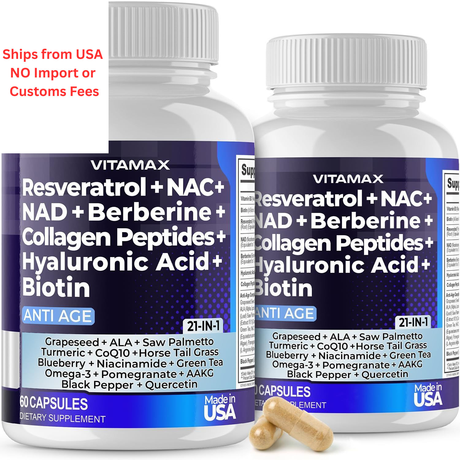Vitamax Resveratrol NAD+ Berberine Hyaluronic Acid – 60 Count (Pack of 2)