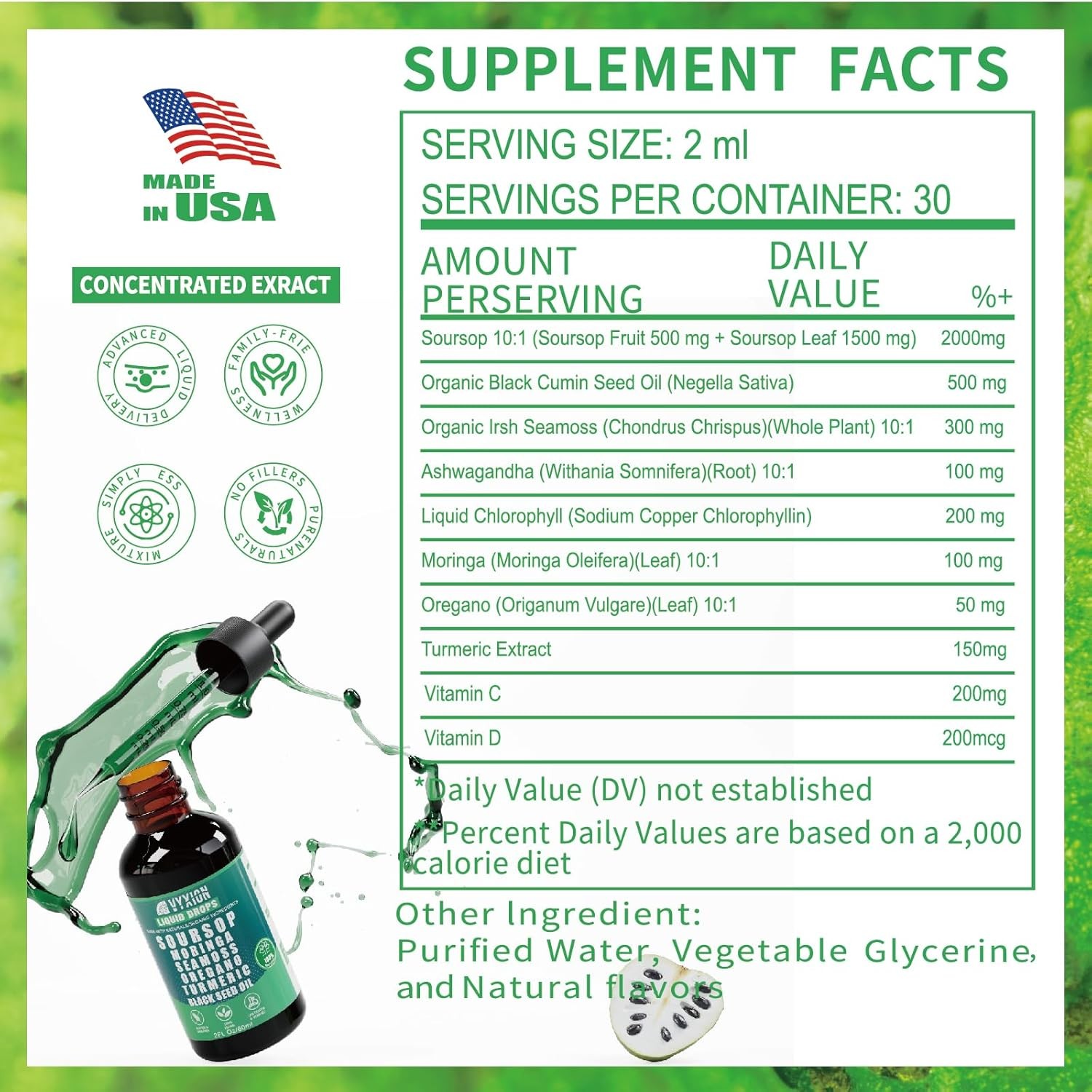 Soursop Bitters Liquid Drops 10 in 1 with Sea Moss, 2 Fl Oz (Pack of 1)