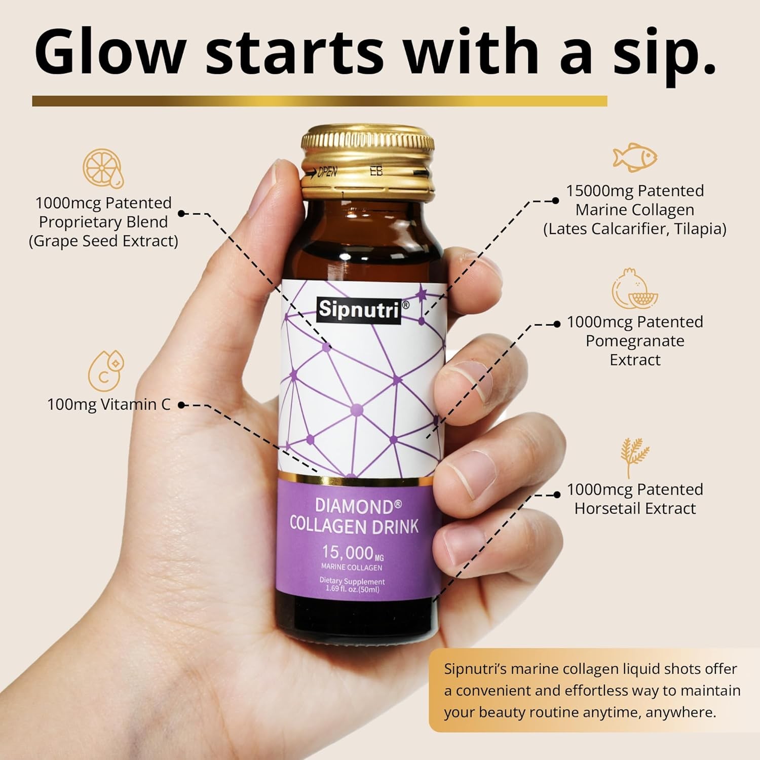 Marine Collagen Peptides Liquid 15g for Women and Men 10 Bottles, Grape Flavor