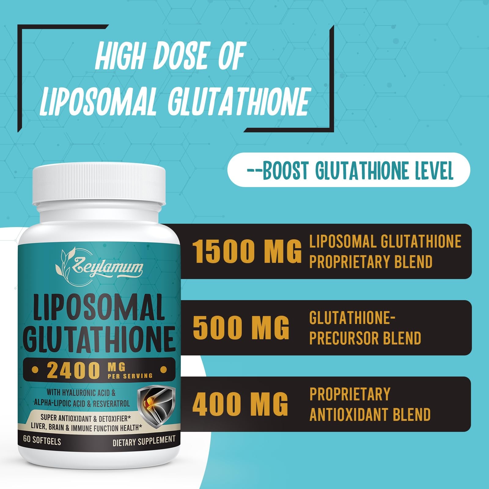 Zeylamum 2400 MG Liposomal Glutathione Softgels, Max 60 Count (Pack of 1)
