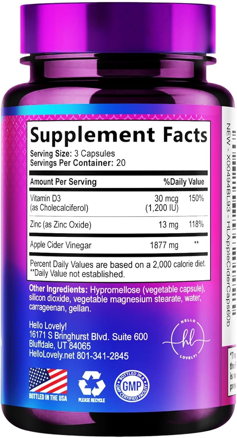 Apple Cider Vinegar 1877 mg Extra Strength ACV Pills with Vitamin D3 60 Capsules