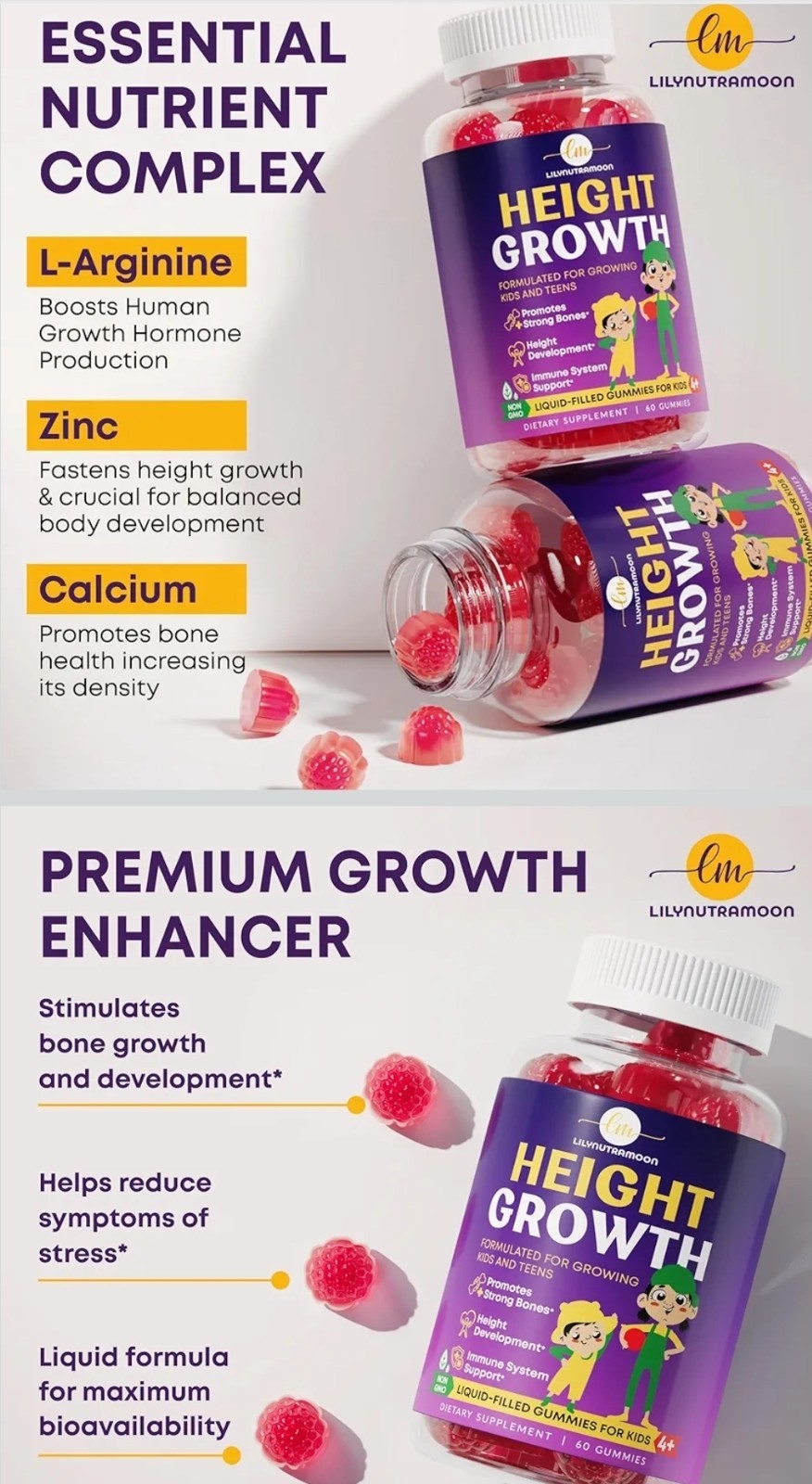 Height Growth Gummies Maximizer Vegan Joint Bone Immune 60 ct
