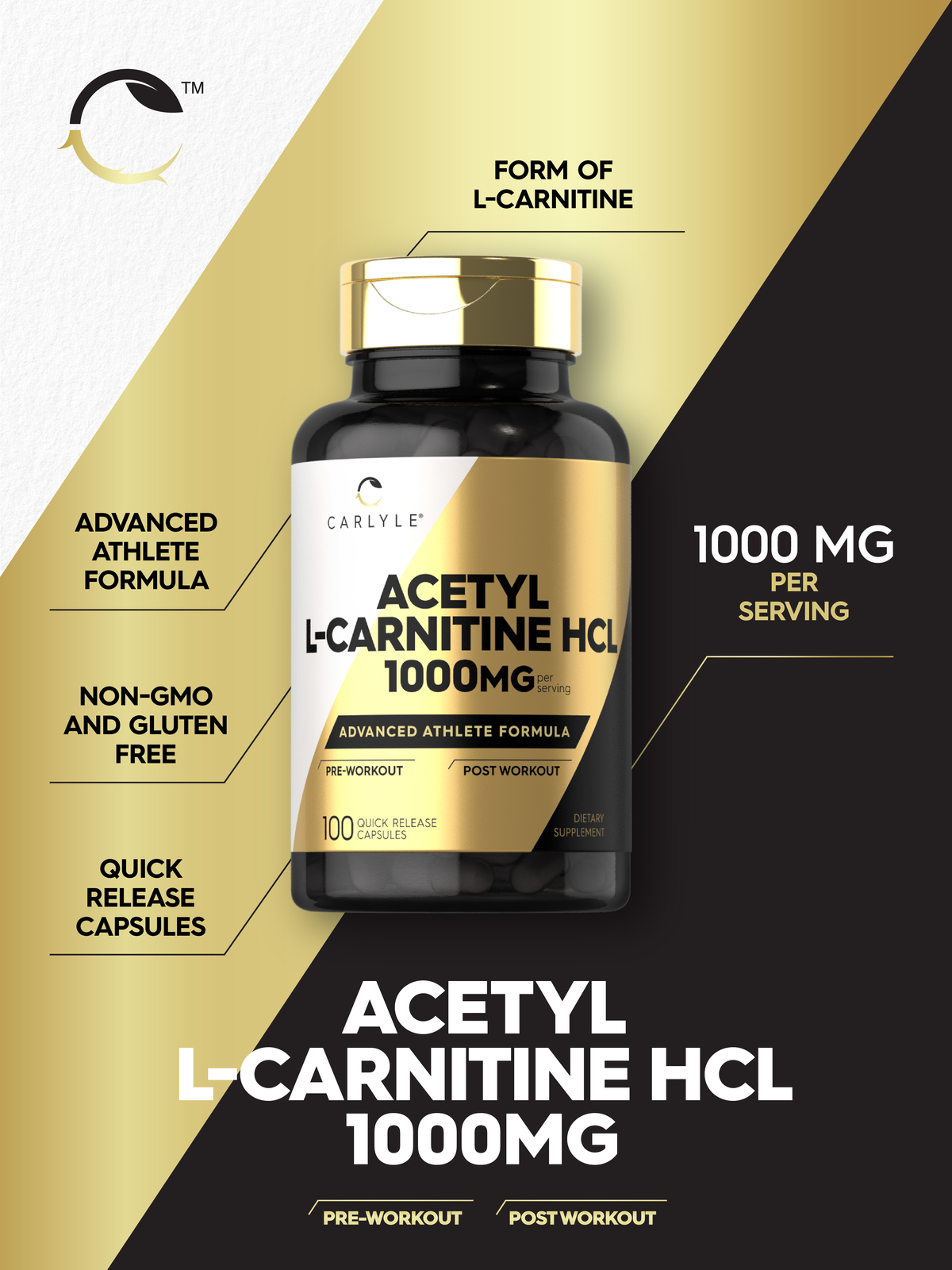 Acetyl L-Carnitine HCL 1000mg | 100 Capsules | Non-GMO, Gluten Free | by Carlyle