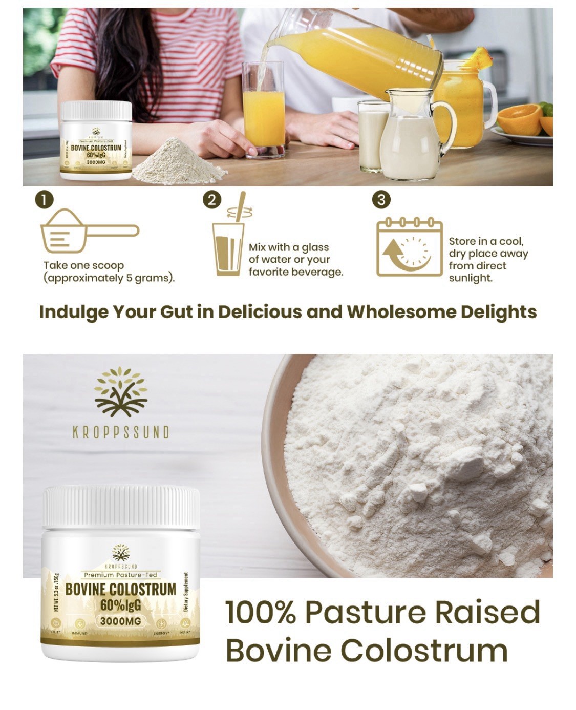 Kroppssund Pasture-Fed Bovine Colostrum Powder 60% IgG 3000mg 5.3 oz