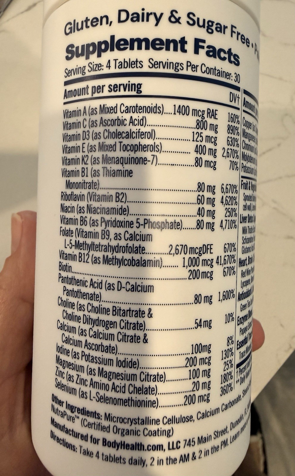 BodyHealth Multi Complete Multivitamin Tablets 120 w/ A C D3 E K2 Gluten Free
