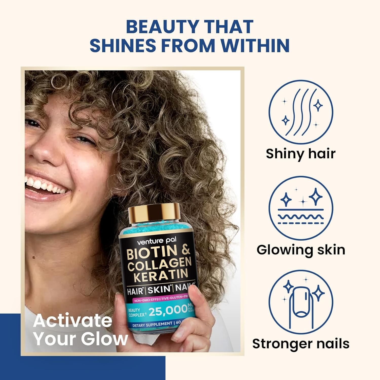 Hair, Skin & Nail Support Gummies w/ Biotin, Keratin, Collagen – Blueberry 60ct.