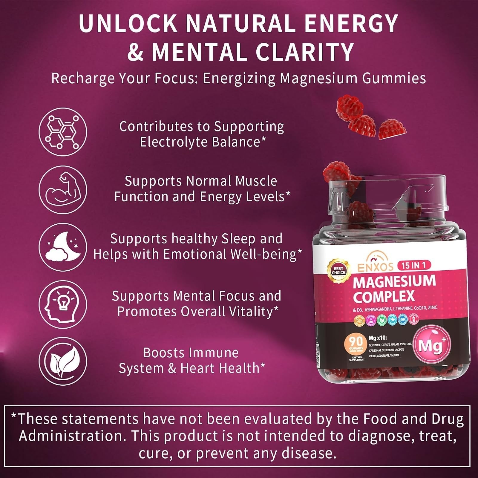 ENXOS 15-in-1 Magnesium Complex Gummies 350mg for Sleep & Stress Relief