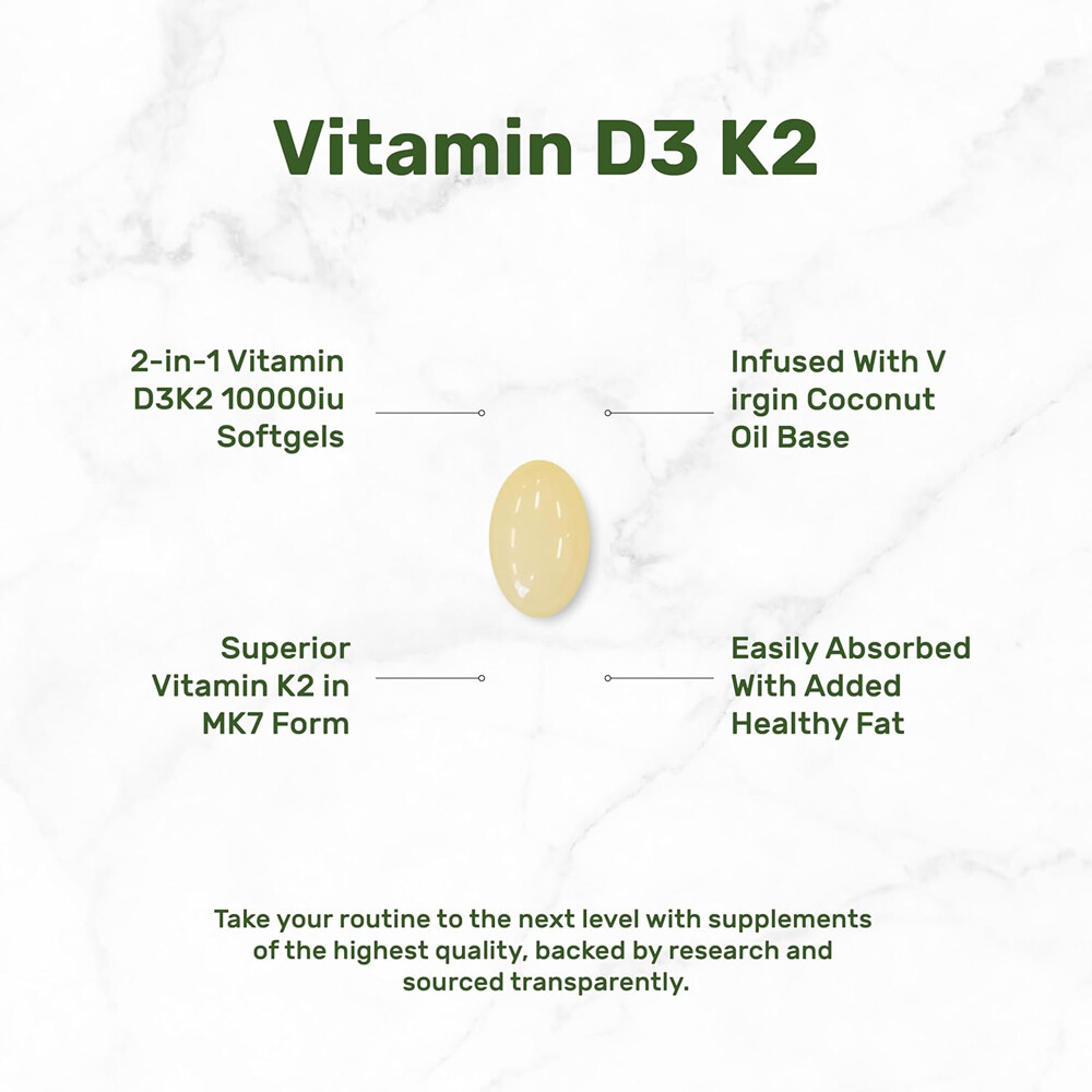Vitamin D3 250 Mcg + Vitamin K2 as Mk7 10000 IU + 200 mcg Dietary Supplements