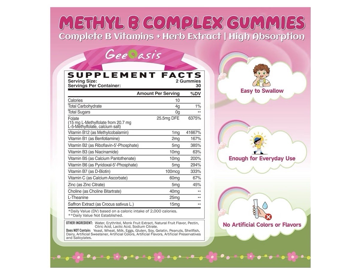 Geeoasis 13 in 1 Methylated B Complex Gummies Methylfolate B12 60 Ct Peach Vegan