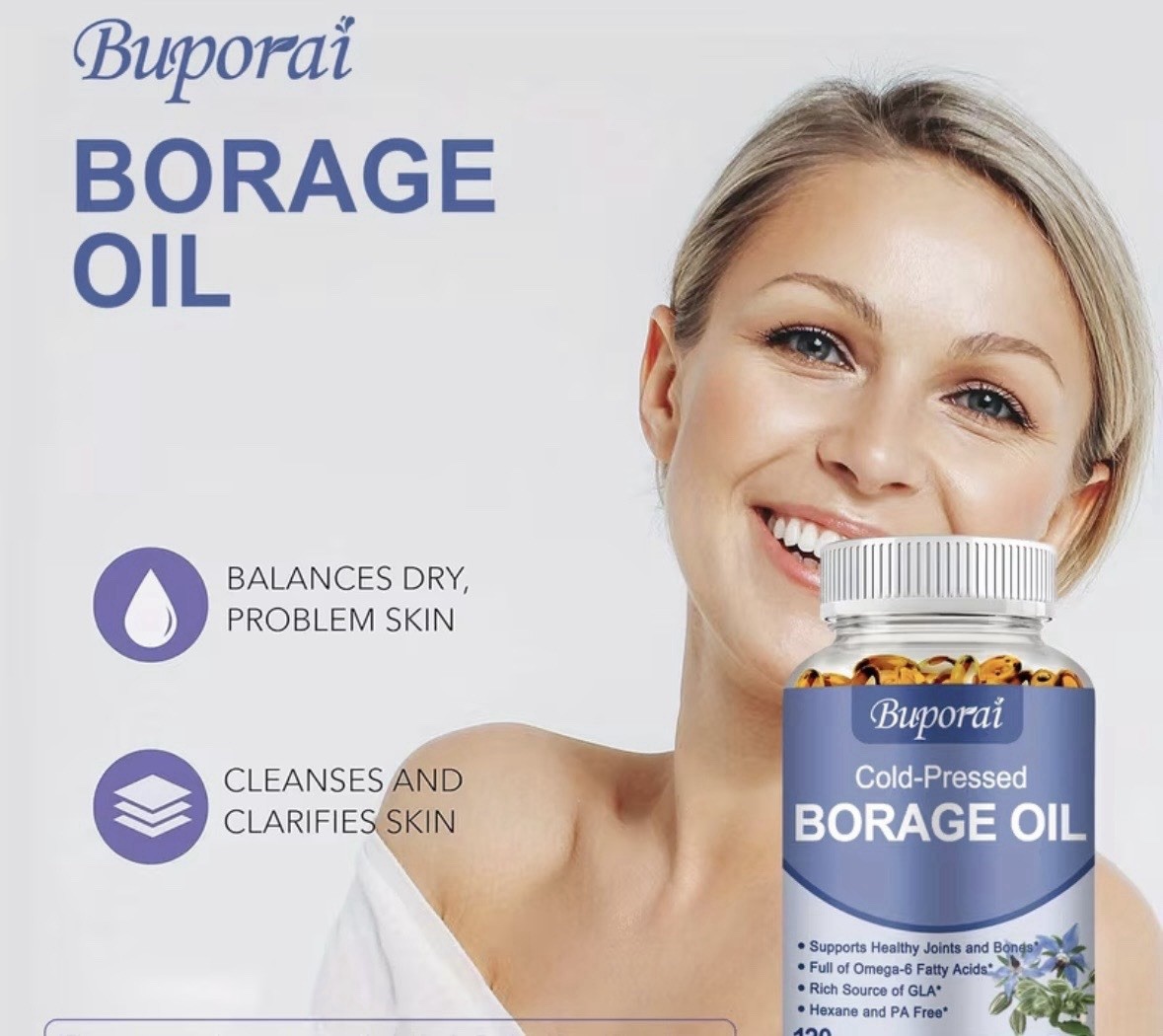 Buporai Cold-Pressed Borage Oil 1000mg Hexane-Free 120 Capsules Joint